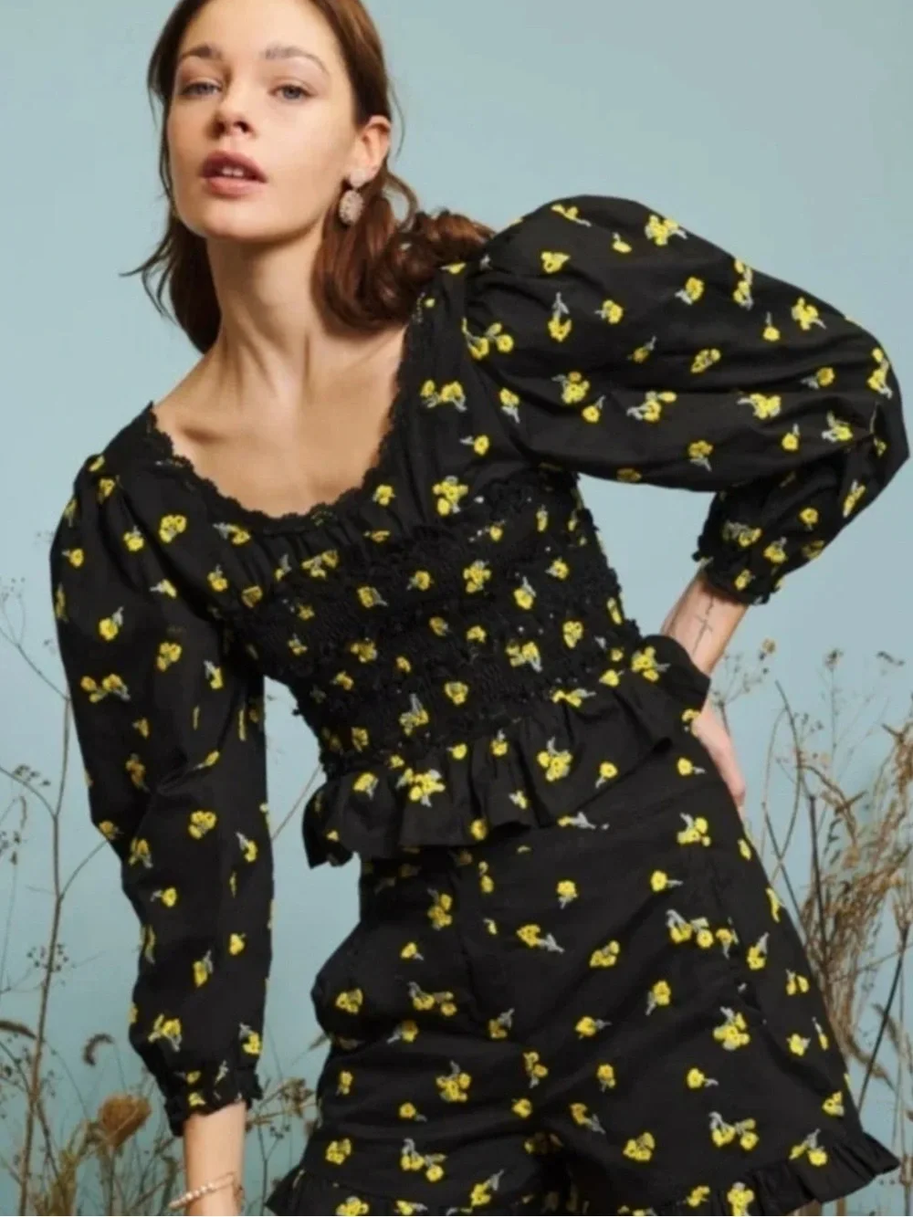 Sister Jane Black Smocked Blouse with Yellow Floral Print